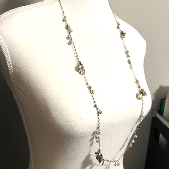 Loft Faux Pearl Gold Tone Chain Charm Long Necklace - Picture 3 of 8